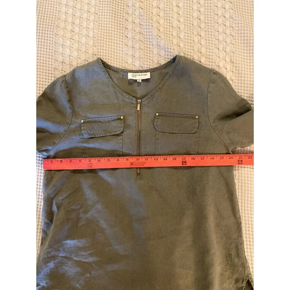 Jones New York Sport Linen Blouse Size Medium Olive Green Tunic‎ Top  Zip Front
